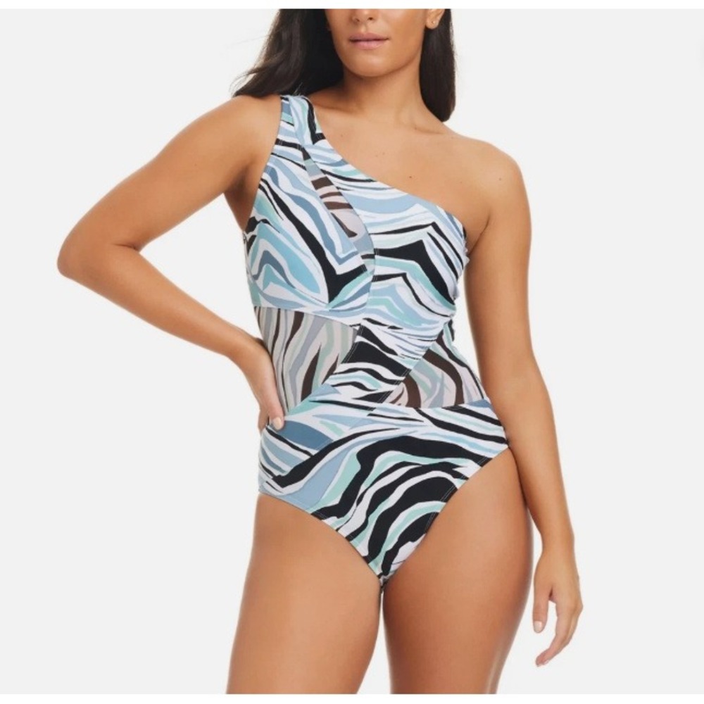 Beyond Control Size 12 Printed One-Shoulder One Piece Swimsuit White Multi New
